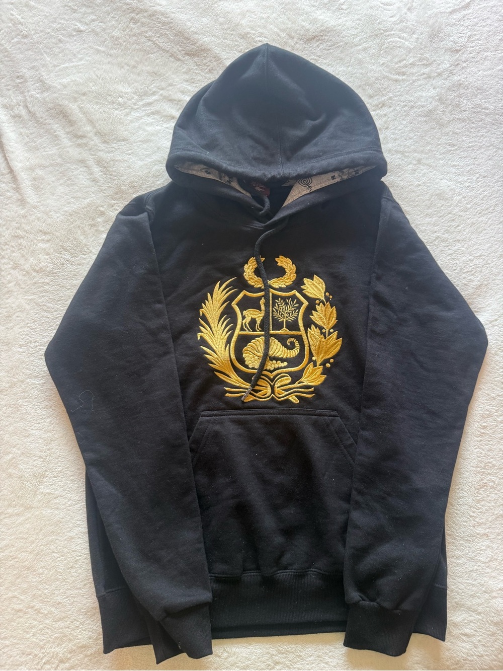 Men's Peru Black Hoodie with Gold Crest Embroidery